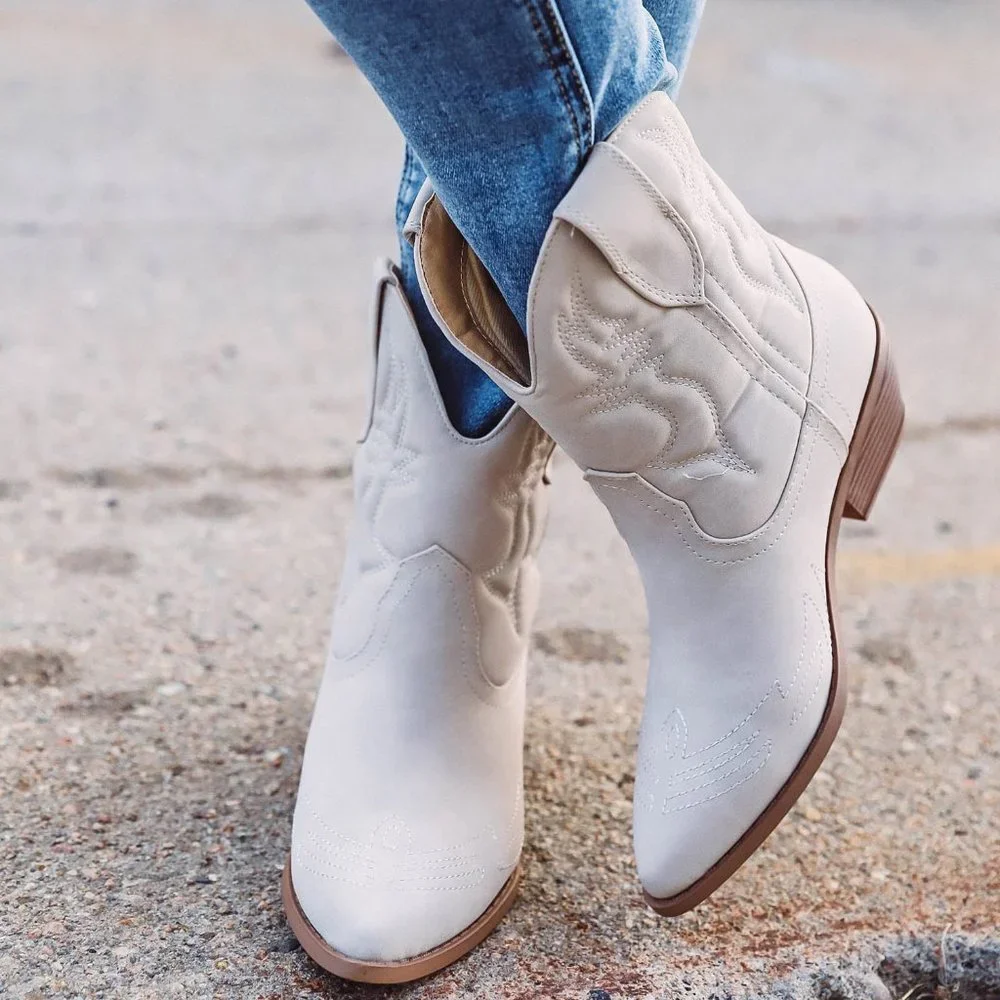 NEWπ₯ Sand Embroidered Cowboy Cowgirl Ankle Booties Boots Pointed Toe Block Heel - Picture 3 of 6
